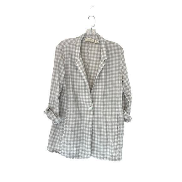 Cynthia Rowley Gray Plaid Gingham Linen Lagenlook Coastal Relaxed Blazer Large - Picture 1 of 12